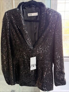 ZARA Women's XS Black Sequin Blazer Jacket